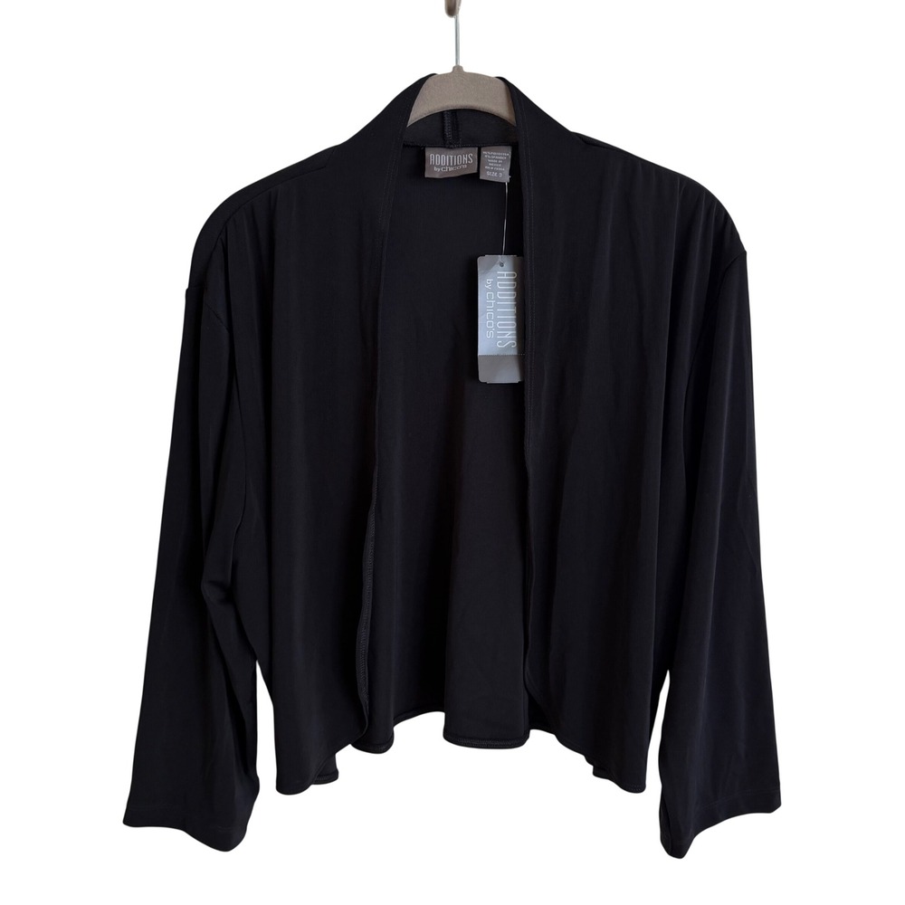 Chicos Additions Leela Bolero Jacket Black 3/4 Sleeve Open‎ Front Size 3 NEW